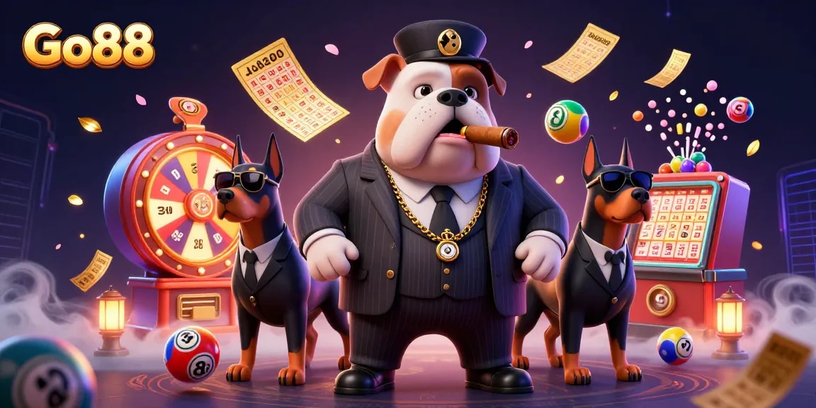 Engaging Go88 illustration featuring a mafia bulldog and bodyguard Dobermans amidst vibrant lottery scenes.