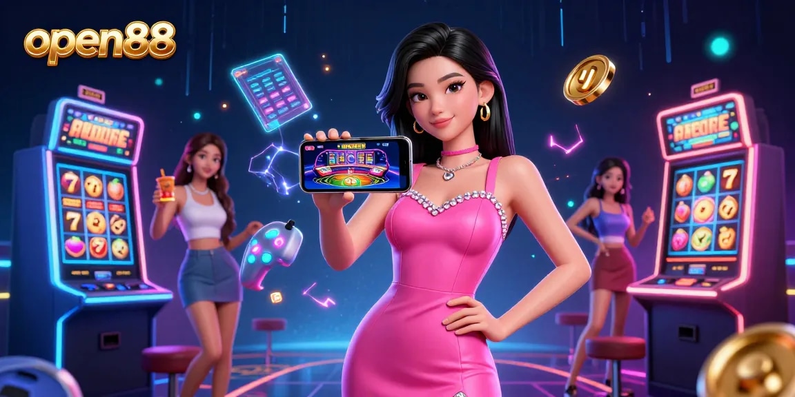 Experience the thrill of open88, showcasing a vibrant casino atmosphere with live dealer games and slot machines.