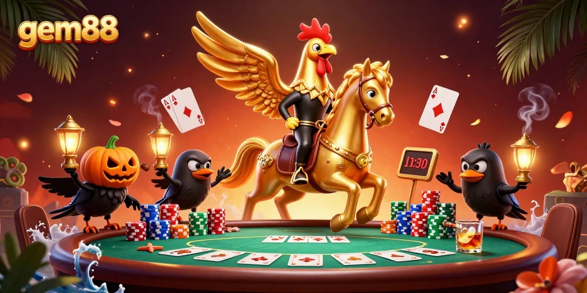 Experience gem88 thrills in a vibrant casino scene with golden rooster and poker elements.