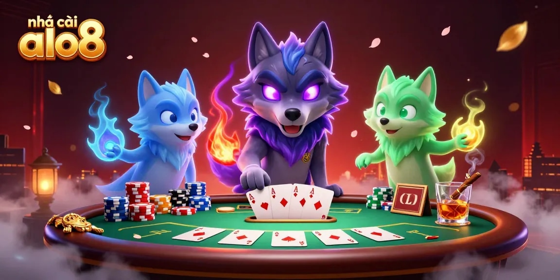 Engage with nhà cái alo8 while exploring a captivating casino scene filled with poker action and spectral wolf characters.