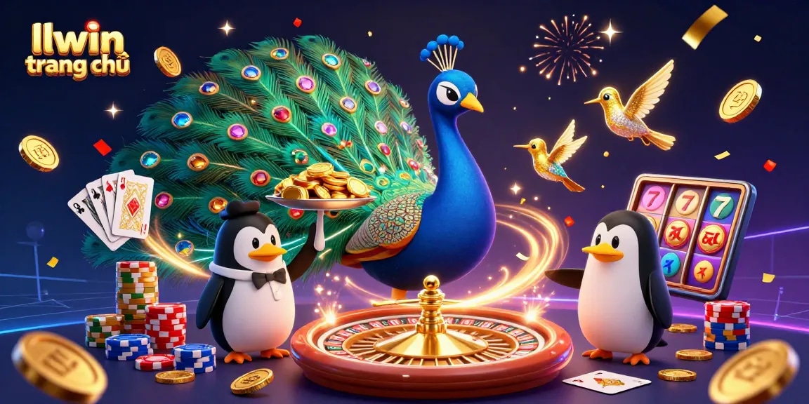 Experience excitement at llwin trang chủ with a 3D illustration of a dazzling casino scene, featuring characters and games.