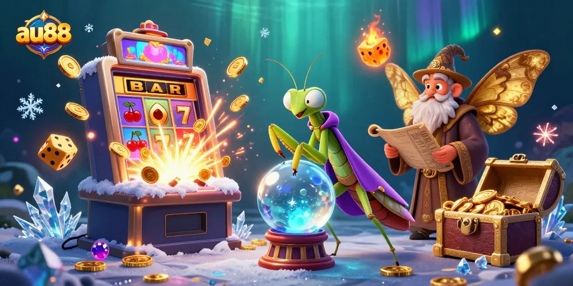 Spin the reels at au88, featuring a vibrant 3D casino scene of fortune tellers and jackpots.