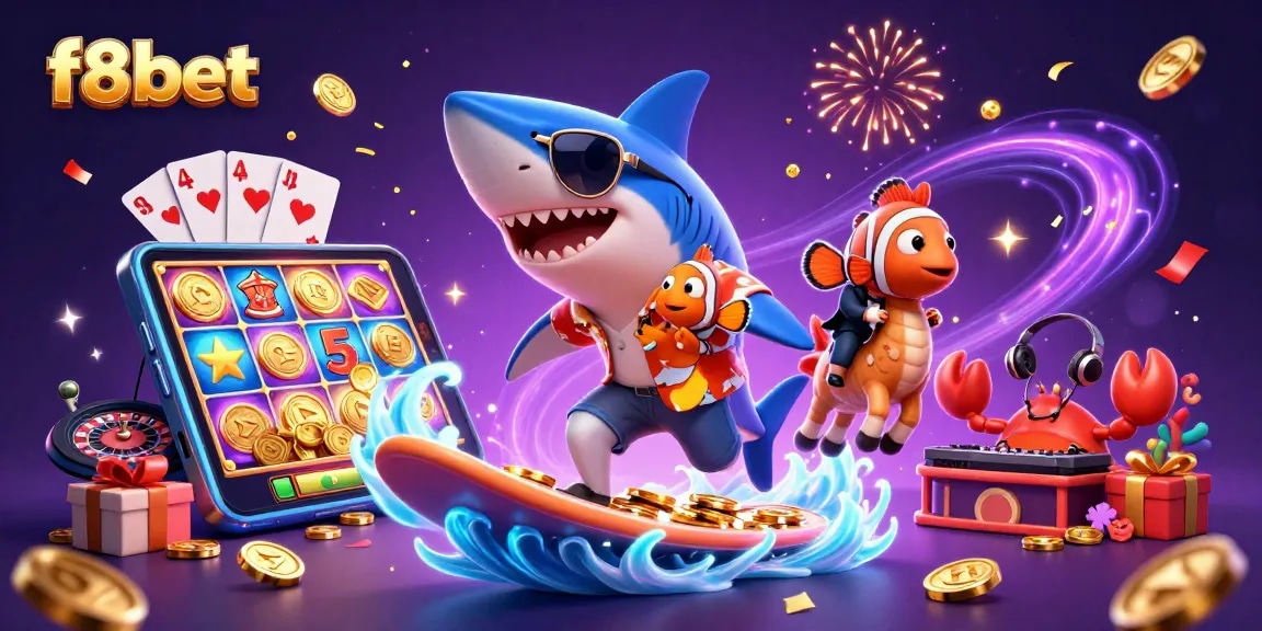 Experience the fun at f8bet with a vibrant 3D cartoon scene showcasing gaming excitement and rewards.