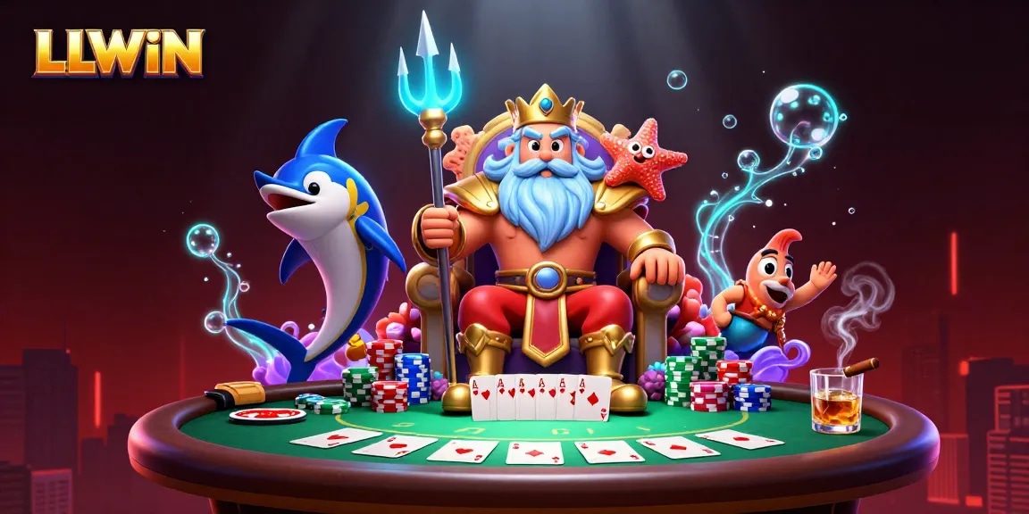 LLWIN engages bettors with vibrant casino elements in an underwater theme featuring Neptune.
