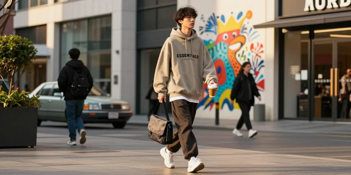 Young adult in oversized Essentials hoodie walking confidently in urban setting