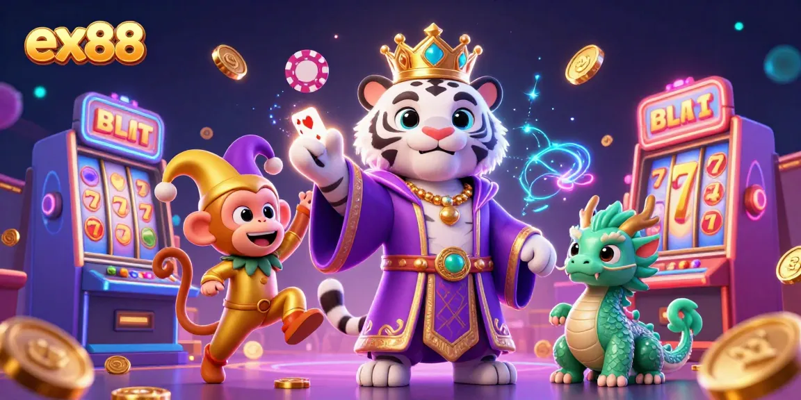 Experience the excitement of ex88 with a lively casino scene featuring a white tiger, golden monkey, and jade dragon.