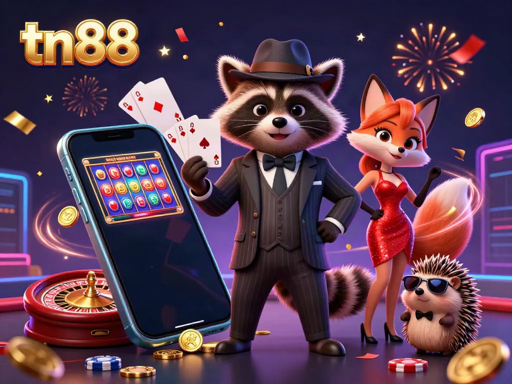 Engage with tn88's vibrant casino scene featuring a raccoon with a royal flush, fox lady, and hedgehog bouncer.