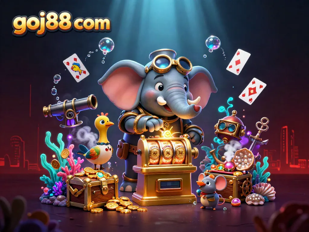 Engage with exciting jackpots at goj88 com, illustrated lively 3D casino scene filled with winning slots and treasures.