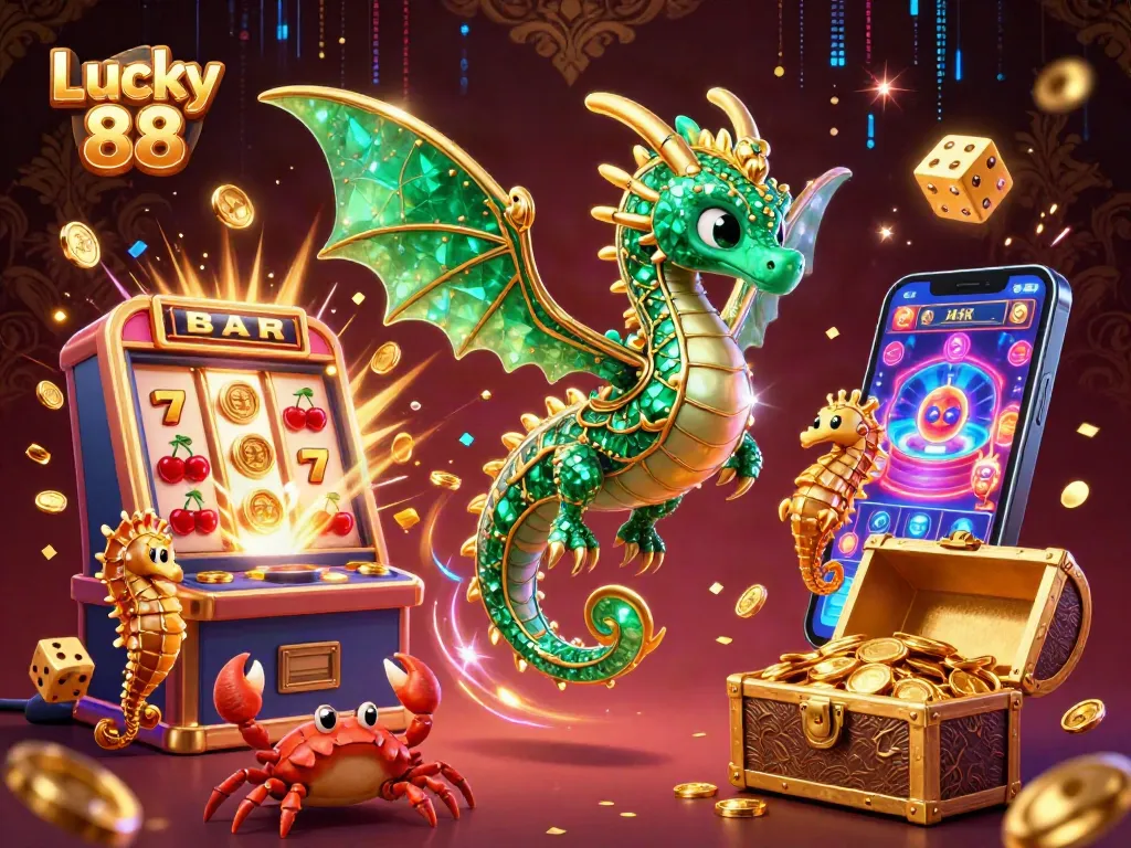 Spin to win with Lucky 88, a vibrant 3D casino illustration featuring dynamic gaming elements and treasure.