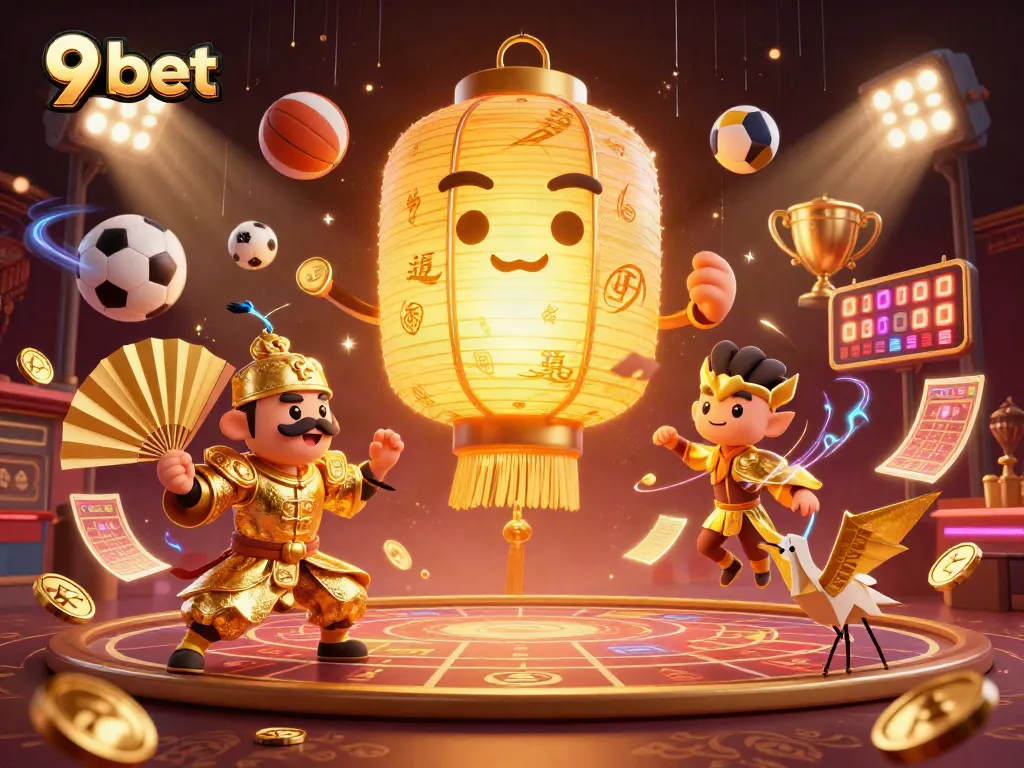 Players explore the vibrant 9 bet casino scene with golden symbols and dynamic sports elements.