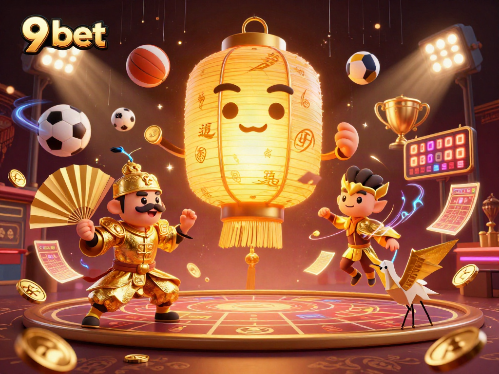 Players explore the vibrant 9 bet casino scene with golden symbols and dynamic sports elements.
