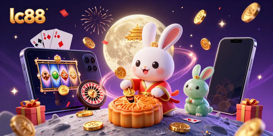 Celebrate at lc88 with a lively scene featuring a moon rabbit and casino games.
