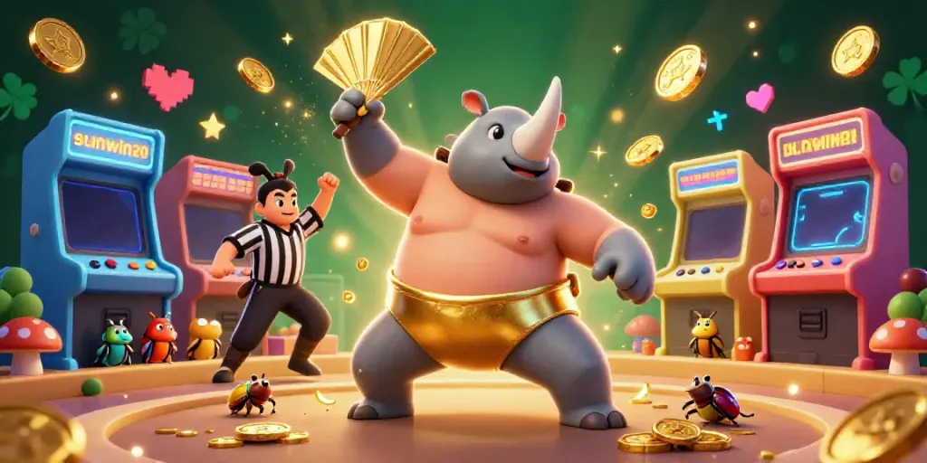 Experience exciting gameplay with sunwin20 as a cartoon beetle sumo does a powerful stomp sending coins flying.