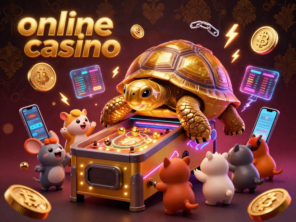 Experience thrilling gameplay at an online casino featuring a golden tortoise pinball machine surrounded by vibrant crypto elements.