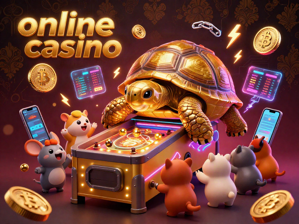 Experience thrilling gameplay at an online casino featuring a golden tortoise pinball machine surrounded by vibrant crypto elements.