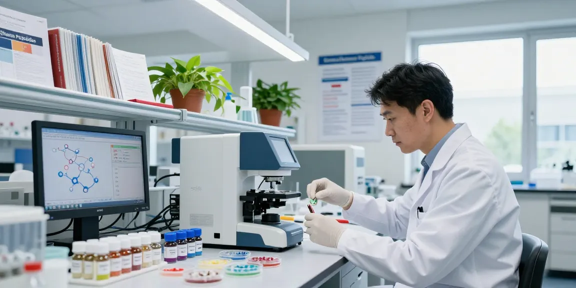 Analysis of SwissChems Peptide samples in a modern research lab with scientists.