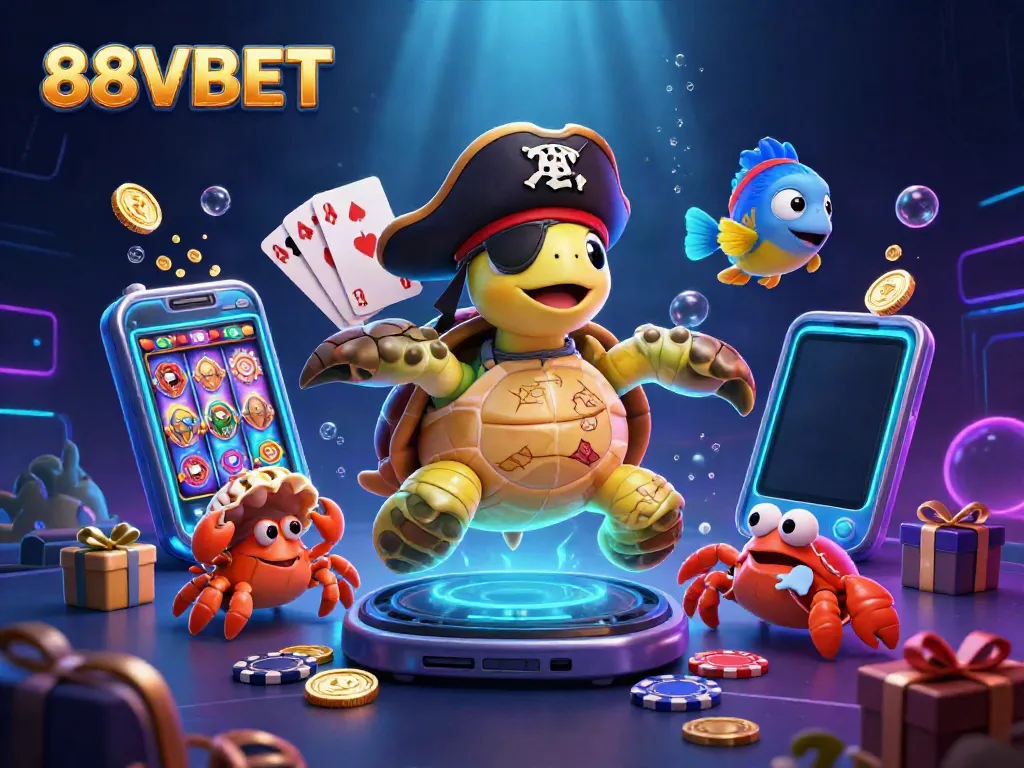 88VBET pirate turtle and friends celebrating a jackpot with colorful games and treasure.