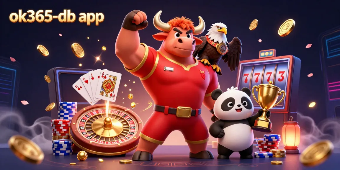 Experience thrilling games at ok365-db app with a victorious bull, eagle, and panda in a vibrant casino scene.