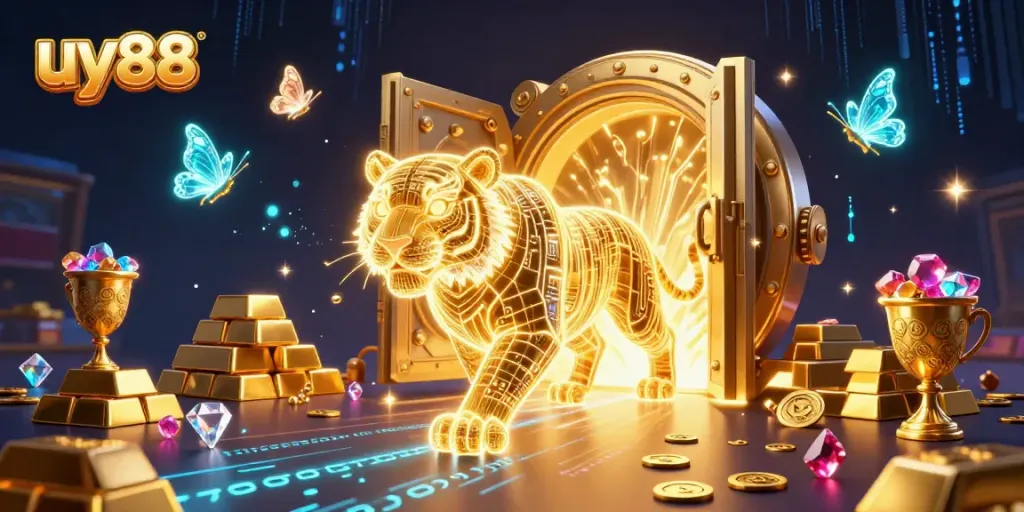 Experience the allure of uy88 as a neon-wireframe golden tiger navigates a vibrant digital casino landscape.
