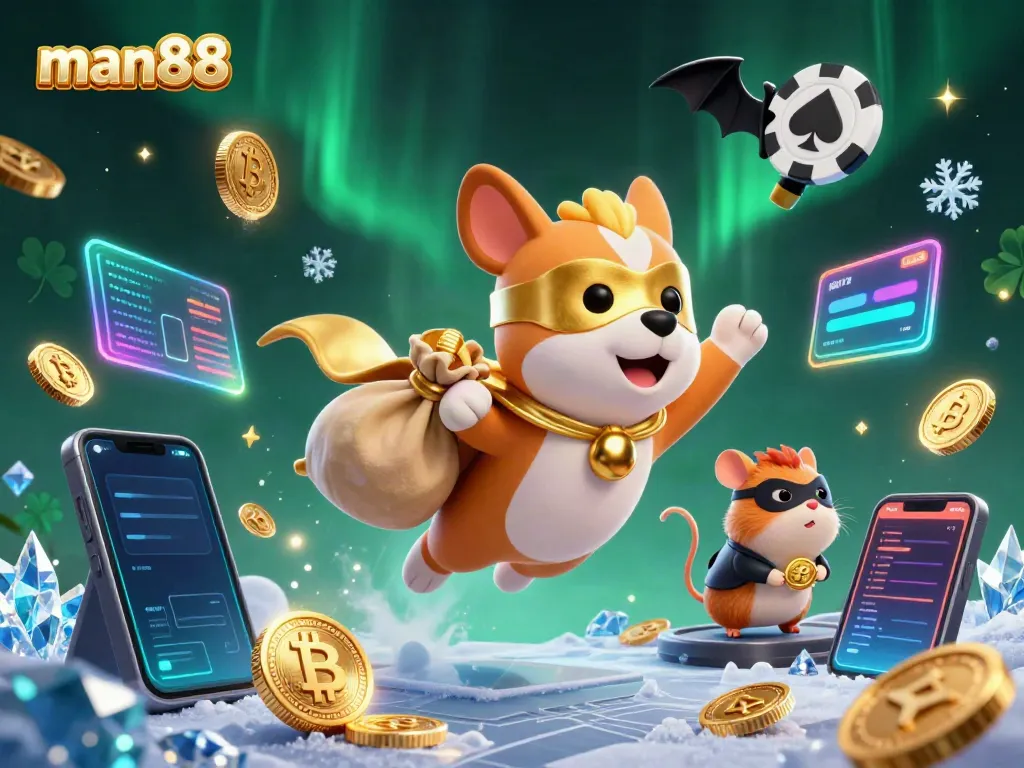 man88 superhero dog with gold coins and crypto elements in a vibrant casino scene