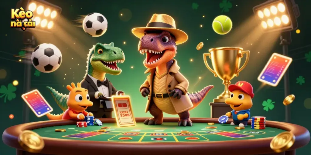 Experience Kèo nhà cái excitement with a velociraptor card counter at a lively gambling scene.