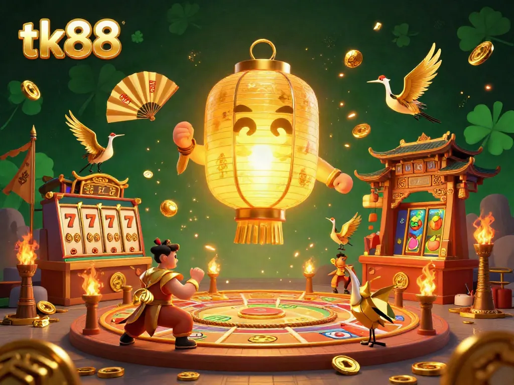 Spin the reels at tk88 with a vibrant scene featuring a glowing spirit, warriors, and winning symbols.