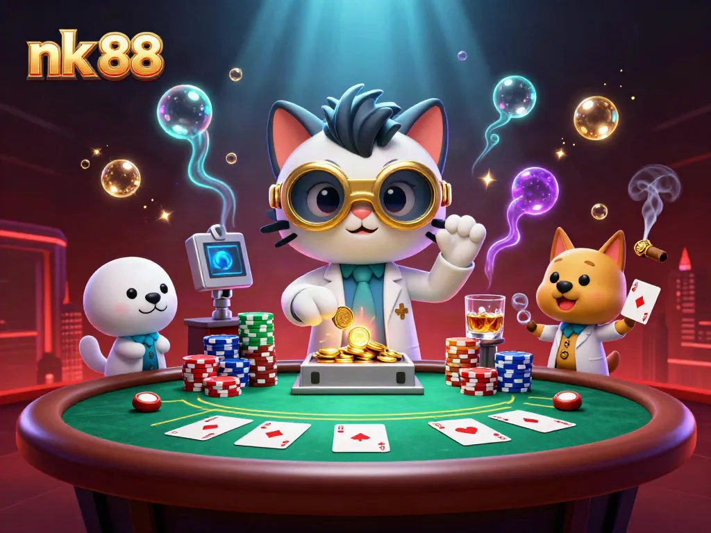 Experience thrilling gameplay at nk 88 with mad scientist cat and assistant creating a gold-coin machine.