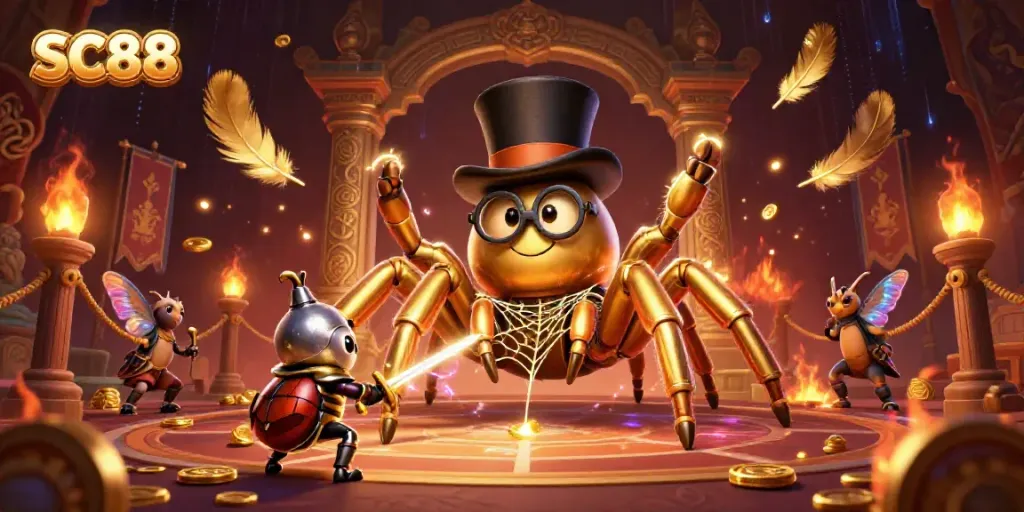 Engage with SC88, a vibrant casino scene featuring a giant tarantula and beetle knight.