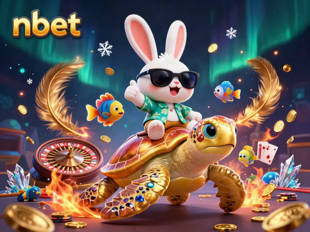 Experience excitement with nbet as a lucky rabbit rides a golden turtle in a vibrant casino setting.