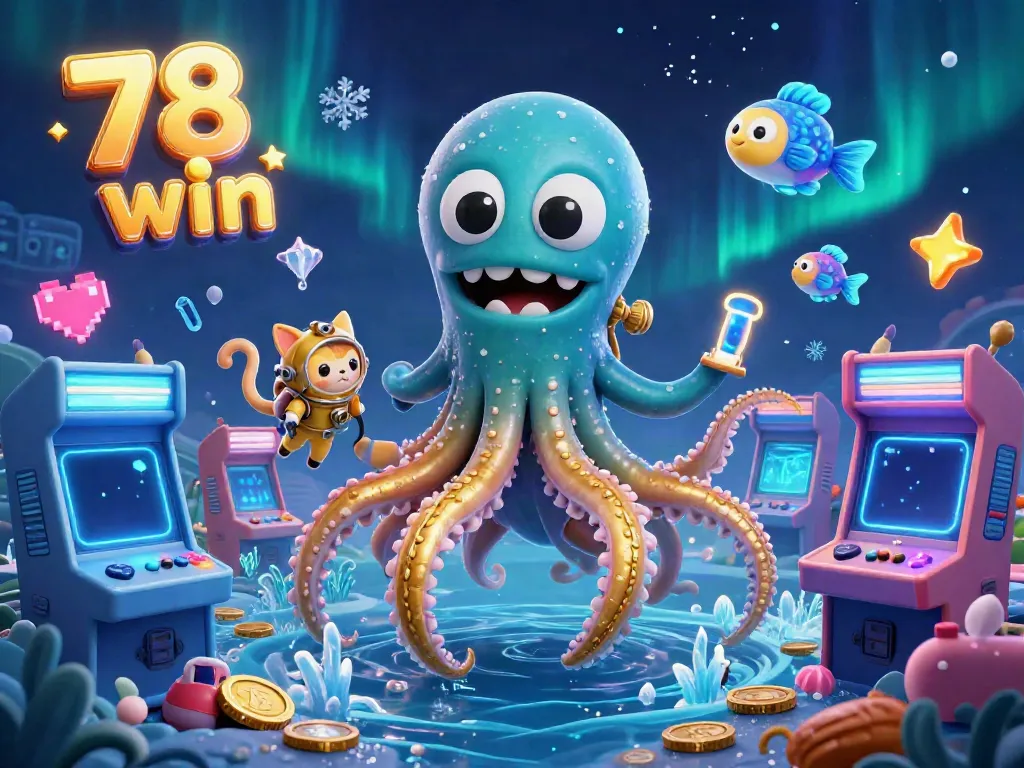 Engage with the vibrant fantasy of 78 win featuring a kraken, diving cat, and glowing sea life in a dynamic casino setting.