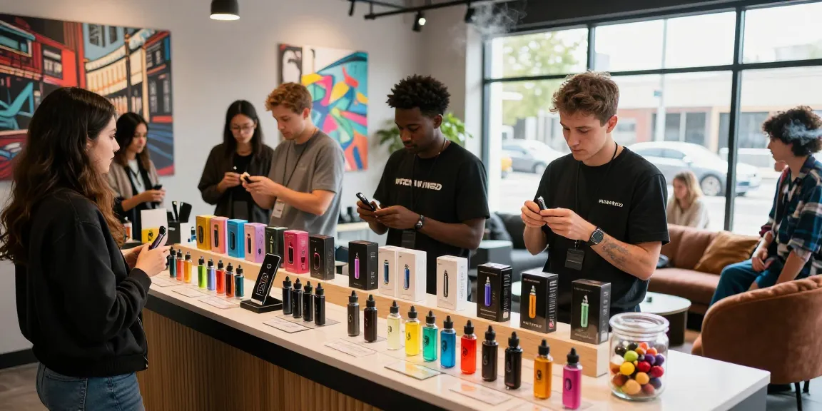 Customers exploring top disposable vapes in USA at a vibrant vape shop