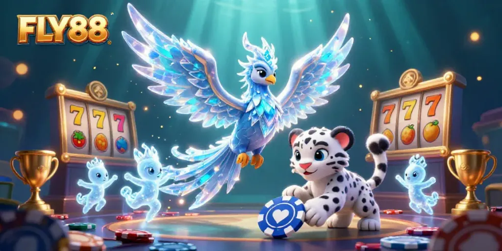 Experience FLY88 with a dynamic 3D illustration showcasing an ice phoenix, poker chips, and festive casino elements.