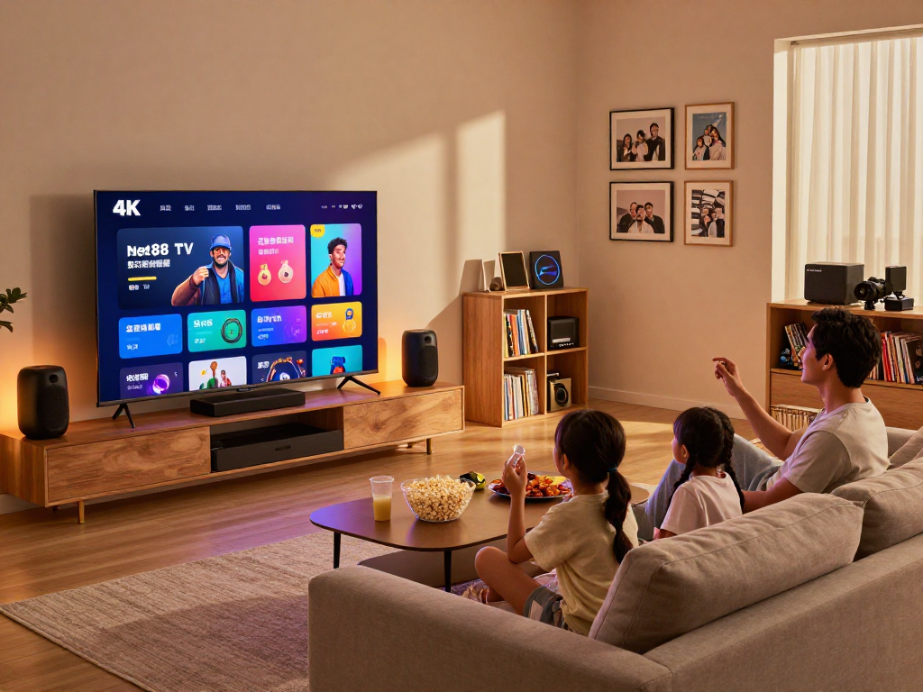 Interactive net88 TV experience in a cozy family living room.