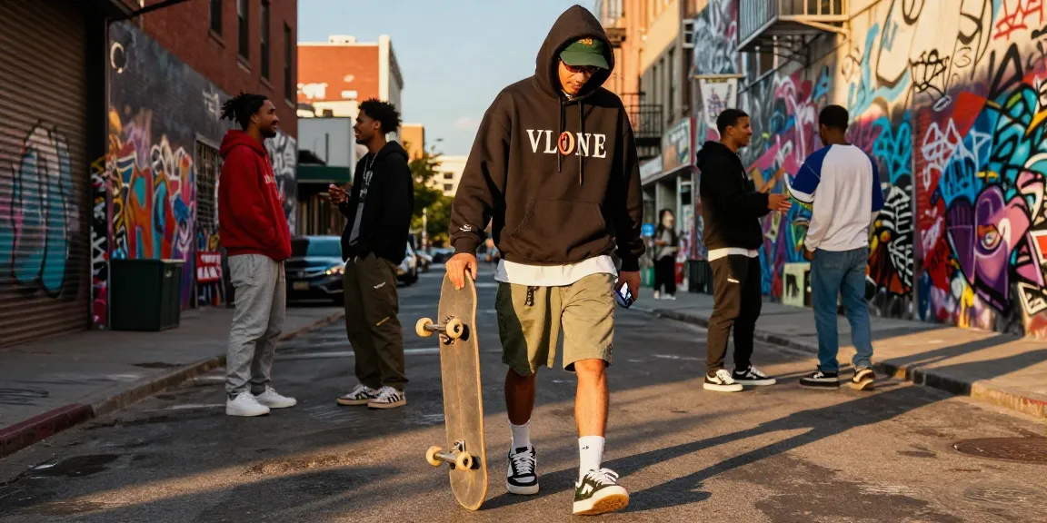 Stylish individual wearing Vlone apparel exploring urban street culture at vlone.co