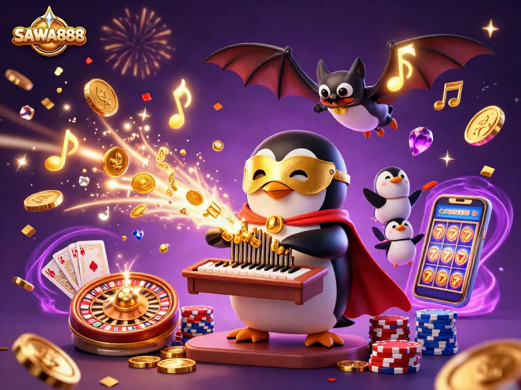 Experience winning excitement at SAWA888 with a vibrant 3D casino illustration featuring penguin and gaming elements.