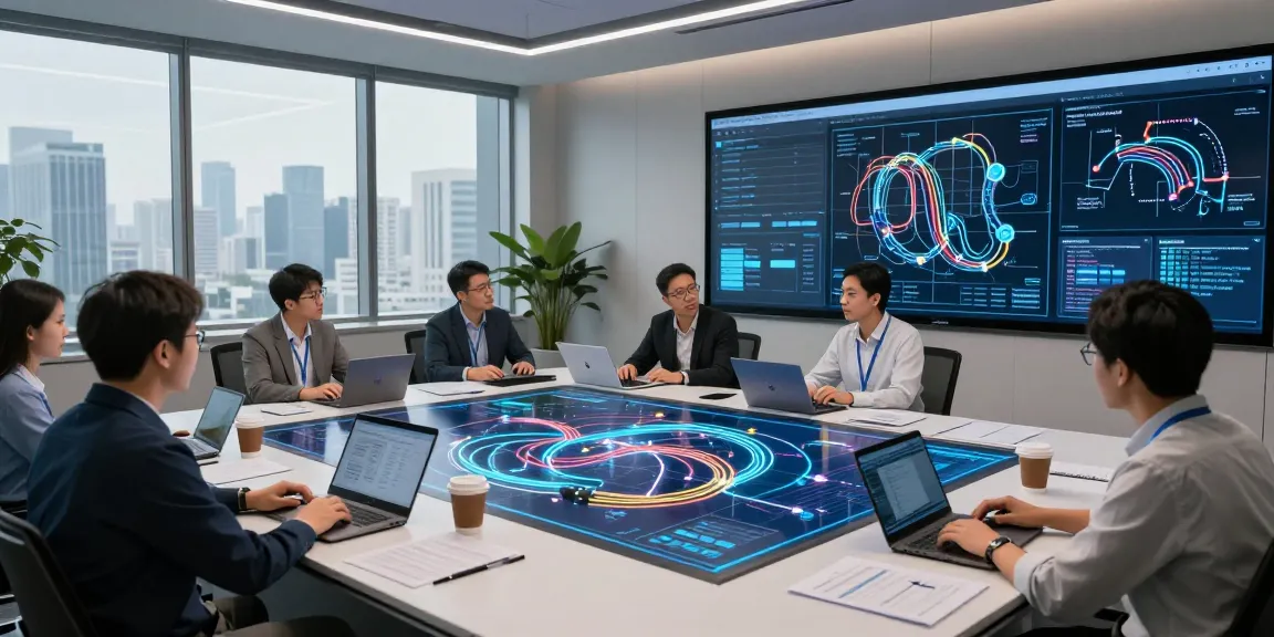 Engineers collaborating on advanced fiber optic cable solutions in a modern conference room.