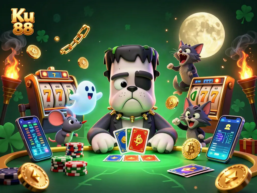 Engage in exciting slots and jackpots at Ku 88 with a lively casino atmosphere featuring unique cartoon characters.