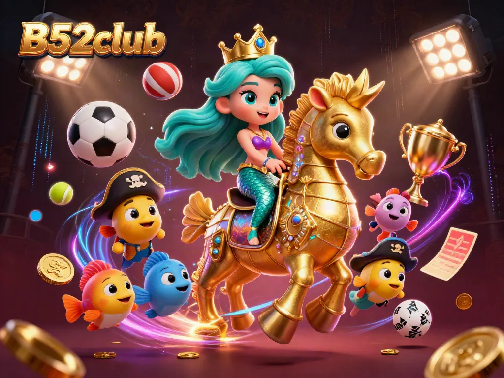Engage in the excitement of B52club with a dazzling 3D casino scene featuring a mermaid and dynamic gaming elements.