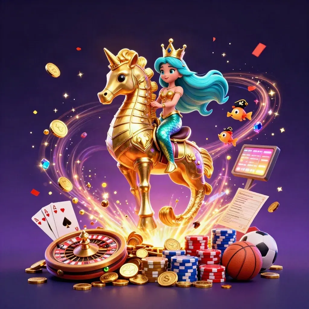 Mermaid princess on golden seahorse amid coins, cards, chips, fireworks, and neon casino magic.