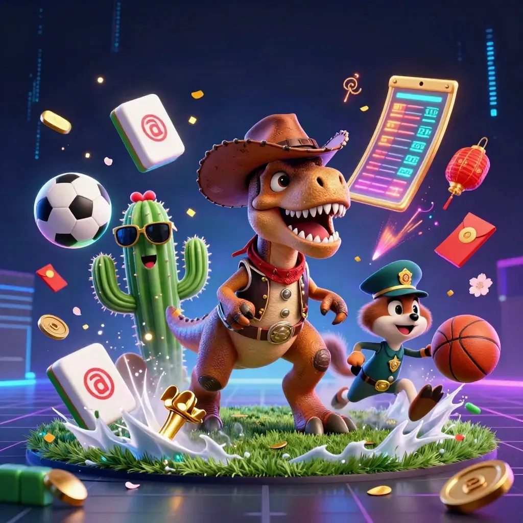Cowboy T-Rex, cactus and roadrunner explode through neon casino sports effects