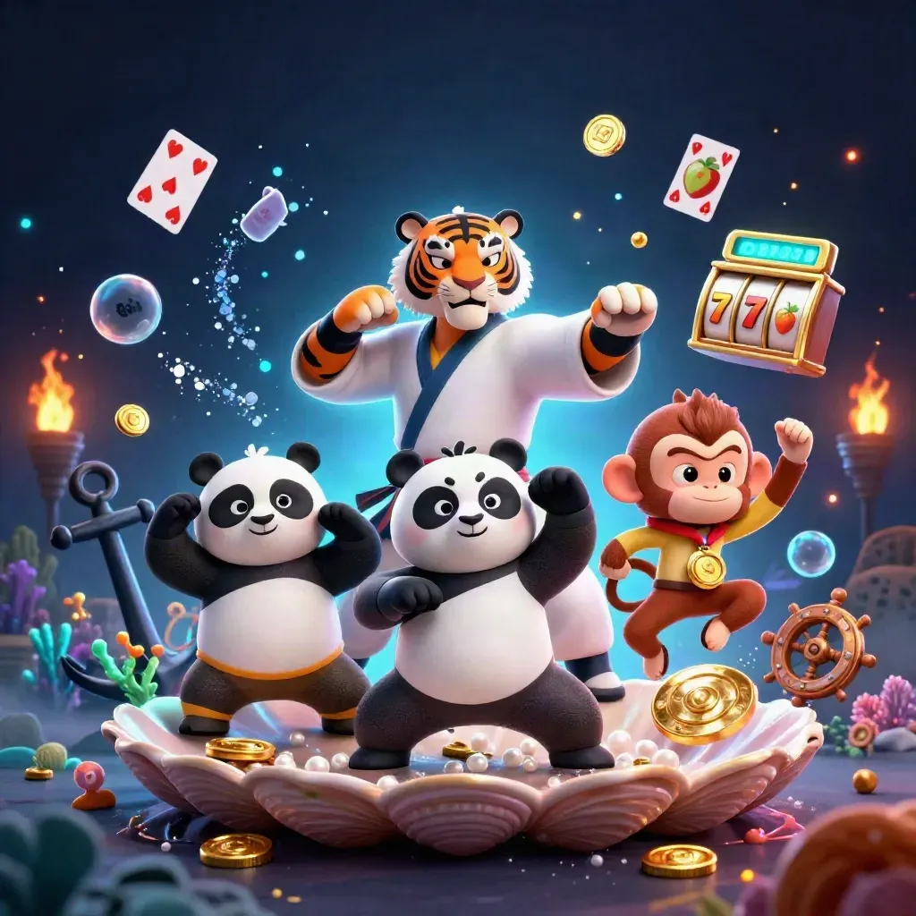 Tiger, panda, and monkey in a neon cyan treasure cove with coins, coral, cards, and casino glow.