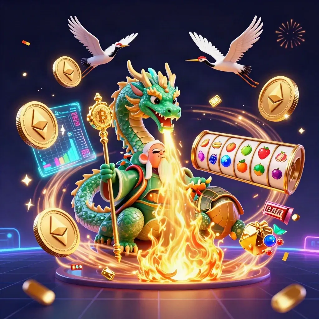 Emerald dragon, turtle sage and cranes amid casino coins, fire, lightning and neon treasure glow.