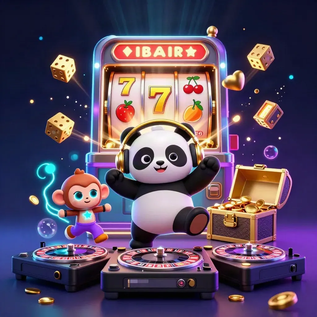 DJ panda, breakdancing monkey, and rave kitten amid slot-machine jackpot explosions