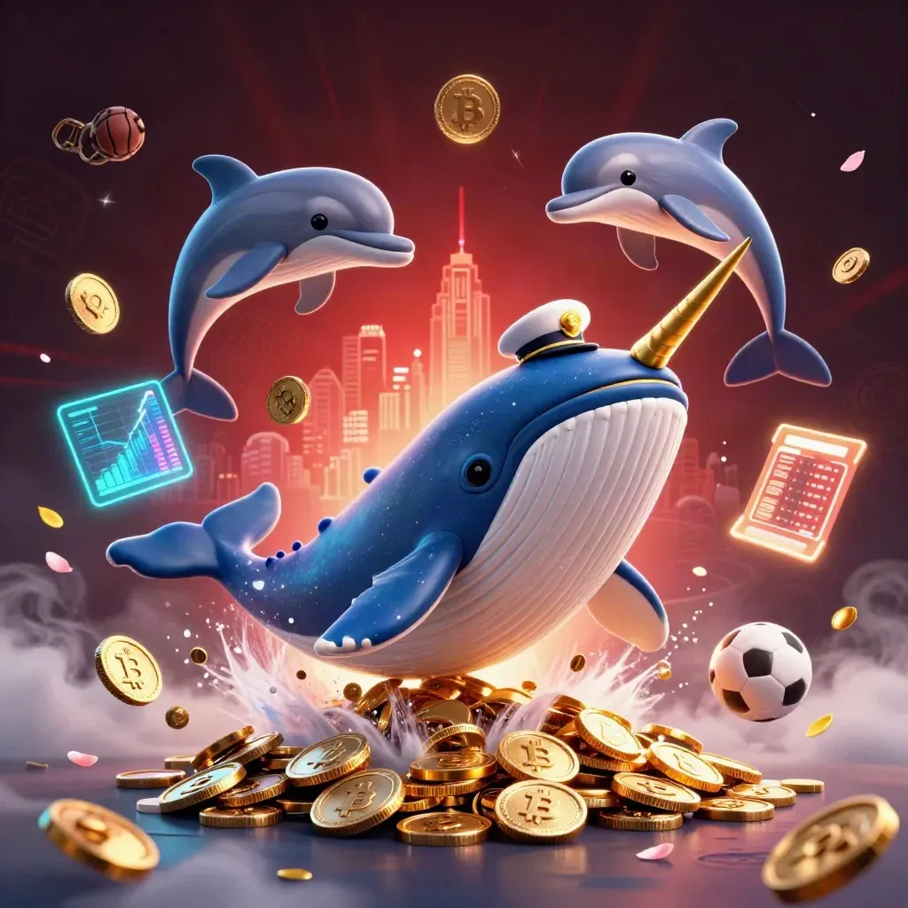 Whale, narwhal, and dolphins amid coins, neon crypto sparks, and casino lights.