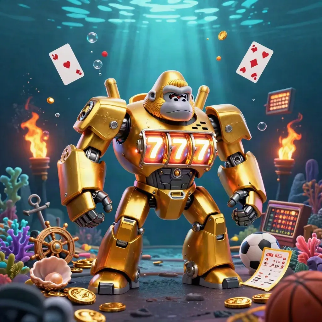 Golden gorilla mech with tiny monkey pilot, coins, coral, sports balls, and casino glow underwater.