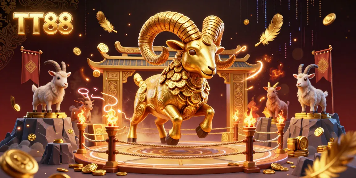 Experience the excitement of TT88 with a charging golden ram amidst a dynamic casino backdrop.