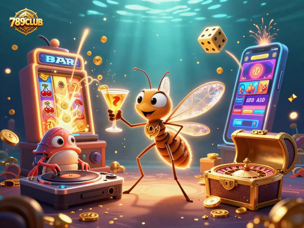 Engage with 789CLUB in a vibrant 3D illustration featuring a casino mascot and jackpot explosion.