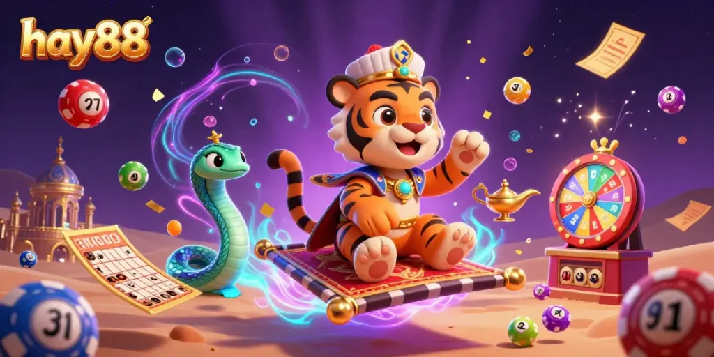 Experience the magical world of hay88 while winning with colorful lottery elements in this vibrant 3D illustration.