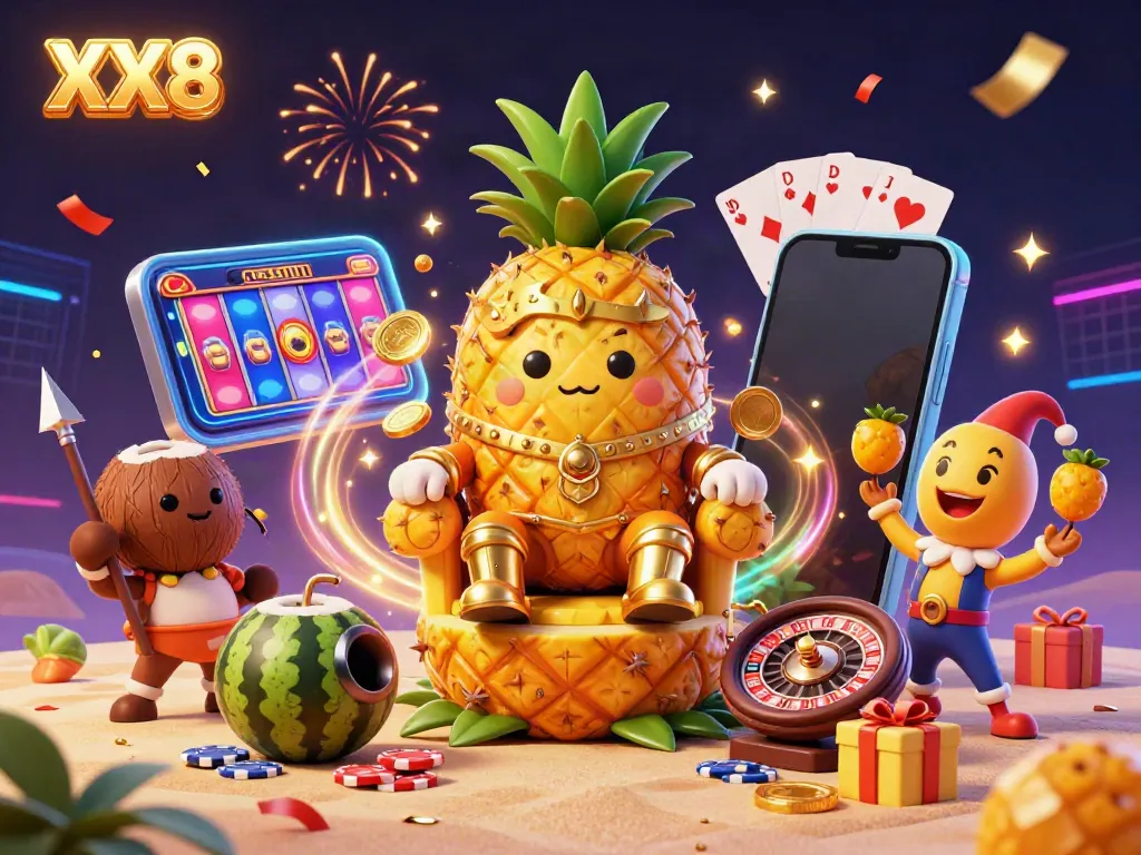 Experience thrilling gaming with XX8, featuring vibrant characters, slot games, and festive celebrations.