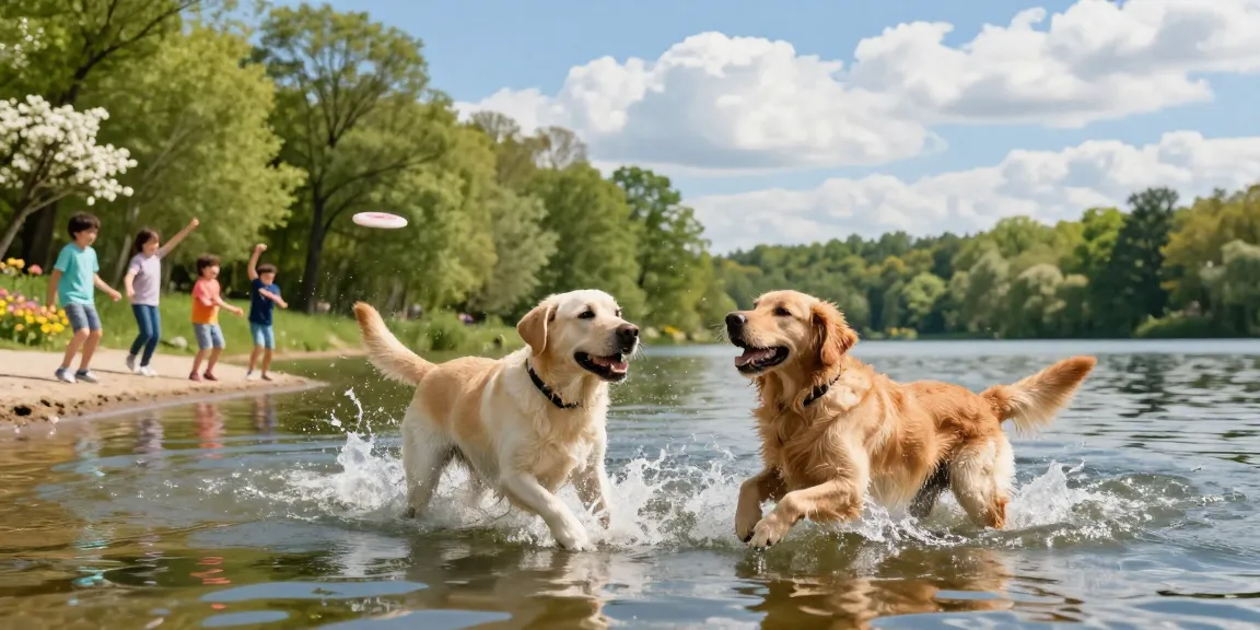 The best dog breeds for swimming highlighted by playful Labradors and Goldens splashing in a sunny lake.